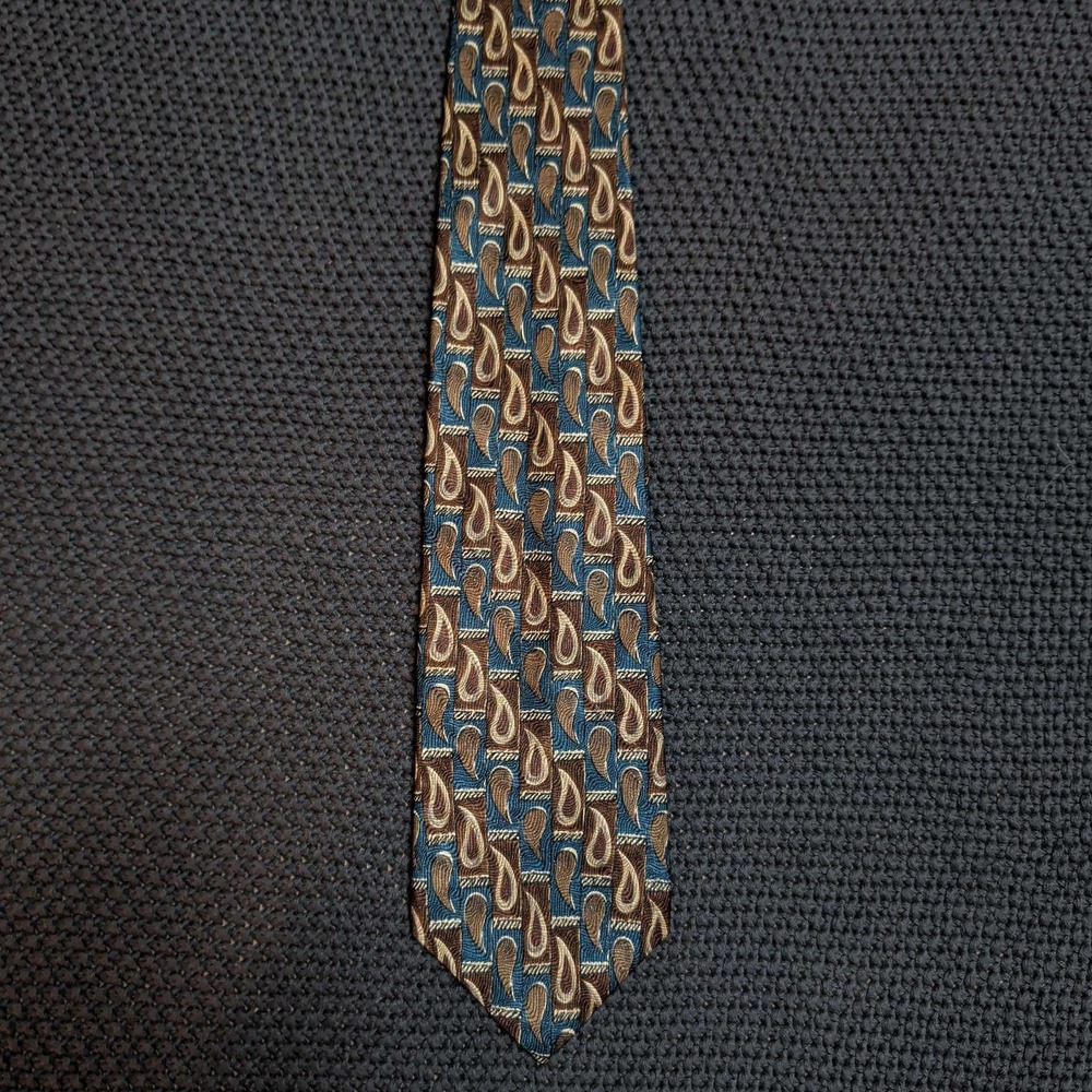 Bill Blass Necktie Mens OS Brown Teal Silk Paisley Geometric Pattern Vintage